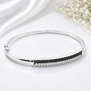 Cubic Zirconia Set Sterling Silver 925 Cuff Bracelet Bangle Female Gift Black Cz