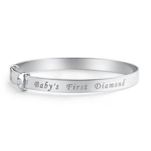 Baby&#39;s first Diamond engraved Keepsake Baby Bangle Bracelet Expandable- 925 Sterling Silver - Gift Box
