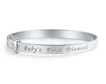 Baby&#39;s first Diamond engraved Keepsake Baby Bangle Bracelet Expandable- 925 Sterling Silver - Gift Box