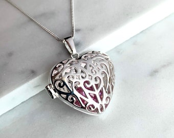 Filigree Vintage Heart floating Pink crystal Locket Pendent Necklace 925 Silver Mothers gift