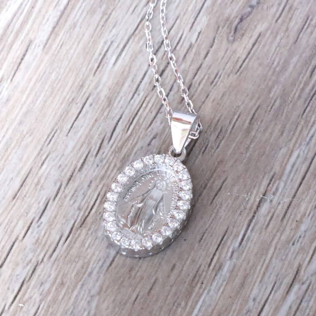 Miraculous Medal Sterling Silver Virgin Mother Mary Pendent Necklace ...