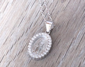 Miraculous Medal Sterling Silver Virgin Mother Mary Pendent Necklace Cubic Zirconia jewels set 16-18" Rolo Chain Religious gift ANTI-TARNISH