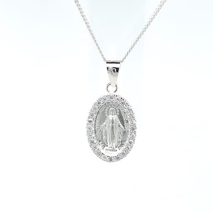 Miraculous Medal Sterling Silver Virgin Mother Mary Pendent Necklace cz set on 18 inch Curb Chain Religious gift