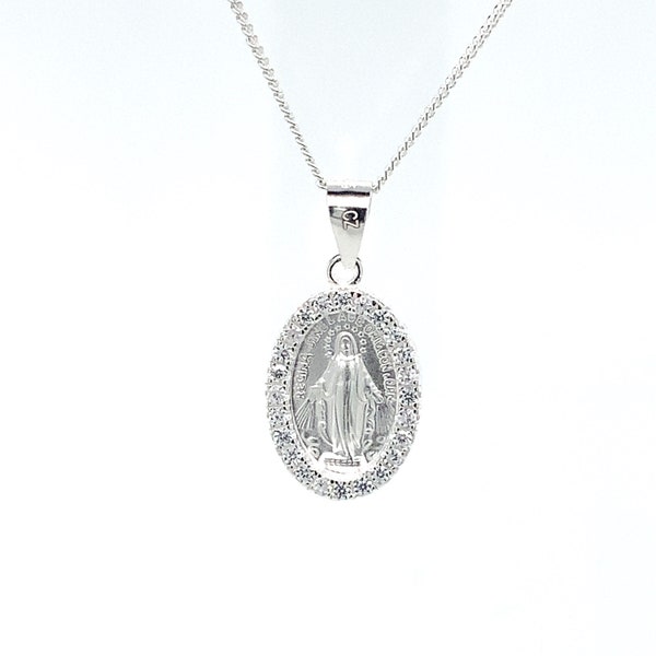 Miraculous Medal Sterling Silver Virgin Mother Mary Pendent Necklace cz set on 18 inch Curb Chain Religious gift