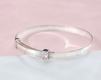 Royal Princess Baby Bracelet Bangle with Pink CZ jewel adjustable in 925 Sterling Silver Gift for Baptism, Baby Shower, Christening