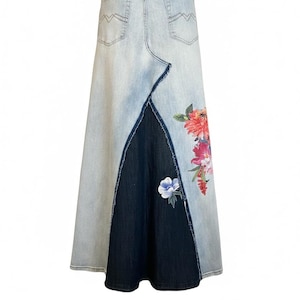 Upcycled Denim Panel Skirt: Women's Long Boho Jean Skirt, US size 6