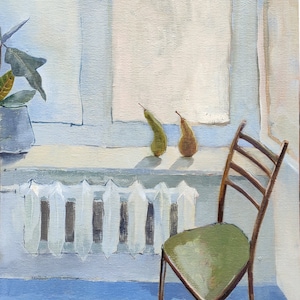 Druckbares Stillleben, blaues kleines Öl-Innengemälde mit Stuhl, Kunst zum Ausdrucken, digitales Kunstwerk, mittlere Wanddekoration, ukrainisches Kunst-Ölgemälde