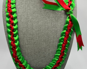 Braided Ribbon Lei - green & red