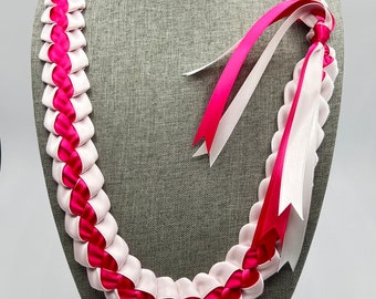 Braided Ribbon Lei - white outside & dark pink inside