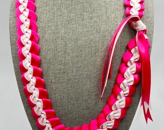 Braided Ribbon Lei - dark pink outside & white inside