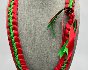 Braided Ribbon Lei - red & green