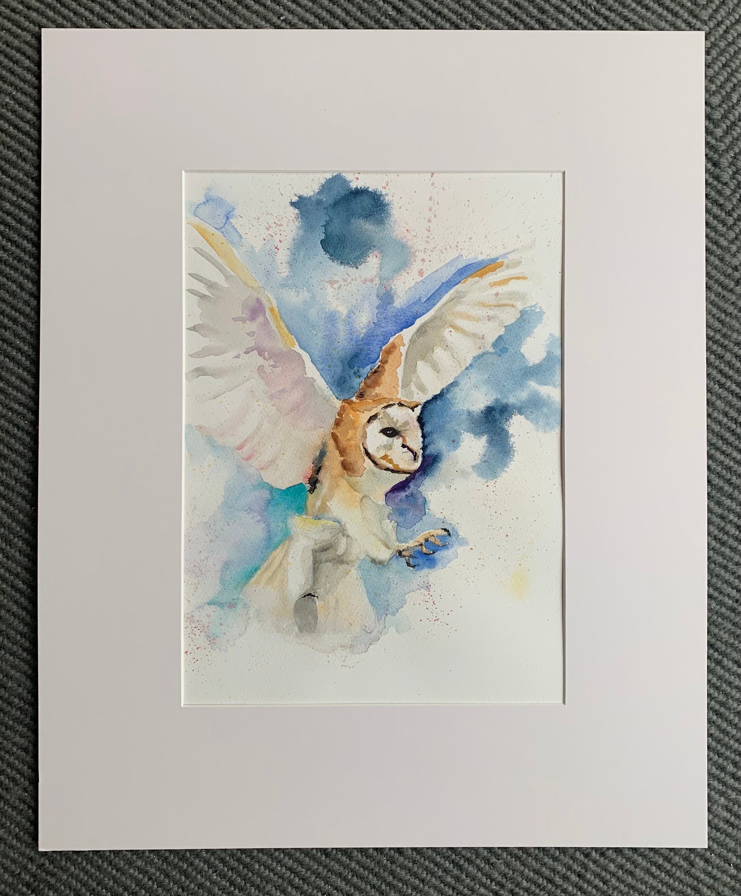 Original Watercolour Painting of Owl in Flight Mounted in Etsy Singapore