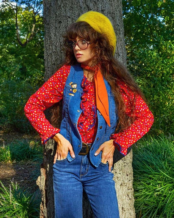 1970's, Playful, Red, Ruffle Blouse, Button up, Ca