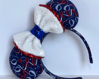 Red, White, and Blue Mouse Ears with Double Layer Bow. Patriotic Mouse Ears. Custom Handmade Mouse Ears Headband. Gifts for Her Under 50.