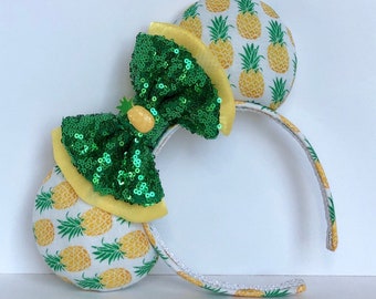 Dole Whip Mouse Ears with Double Layer Yellow and Green Bow. Custom Handmade Pineapple Mouse Ears Headband. Gifts for Her Under 50.
