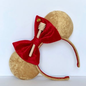 Winnie the Pooh Mouse Ears with Honey Stick. Custom Golden Yellow and Red Velvet Pooh Bear Mouse Ears Headband. Gifts for Her Under 50.