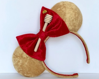 Winnie the Pooh Mouse Ears with Honey Stick. Custom Golden Yellow and Red Velvet Pooh Bear Mouse Ears Headband. Gifts for Her Under 50.