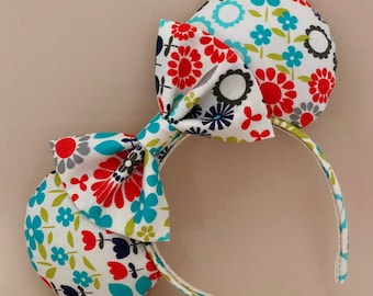 Retro Flower Print Mouse Ears. Spring Festival Mouse Ears. Custom Handmade Mouse Ears Headband. Gifts for Her Under 50.