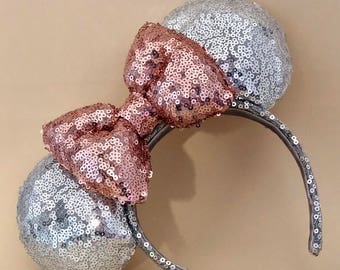 Silver Sequin Mouse Ears with Rose Gold Sequin Bow.  Custom Handmade Mouse Ears Headband. Sparkle and Glitz. Gifts for Her Under 50.