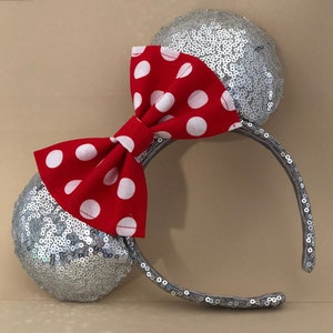 Silver Sequin Mouse Ears with Polka Dot Bow. Sequin Mouse Ears. Custom Handmade Mouse Ears Headband. Gifts for Her Under 50.