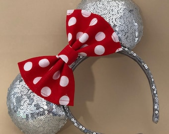 Silver Sequin Mouse Ears with Polka Dot Bow. Sequin Mouse Ears. Custom Handmade Mouse Ears Headband. Gifts for Her Under 50.