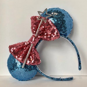 Fairy Godmother Sequin Mouse Ears.  Blue and Pink Mouse Ears with Wand. Custom Handmade Headband. Proposal Gift. Gifts for Her Under 50.