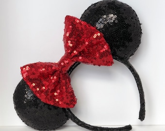 Classic Black Mouse Ears with Red Sequin Bow. Custom Handmade Mouse Ears Headband. Sparkle and Glitz. Gifts for Her Under 50.