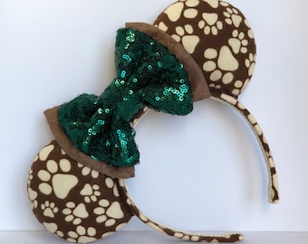 Paw Print Mouse Ears with Double Layer Evergreen Sequin and Brown Bow. Handmade Animal Kingdom Mouse Ears Headband. Gifts for Her Under 50.