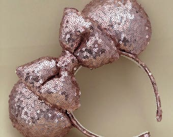Rose Gold Sequin Mouse Ears. Rose Gold Sequin Bow. Custom Handmade Sparkle Mouse Ears Headband. Gifts for Her Under 50.