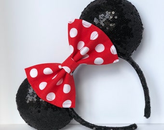 Classic Black Sequin Mouse Ears with Red and White Polka Dot Bow. Custom Handmade Mouse Ears Headband. Sparkle. Gifts for Her Under 50.