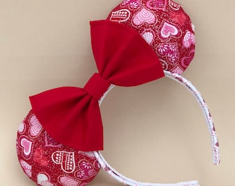 Valentine's Day Mouse Ears. Love and Hearts. Custom Handmade Mouse Ears Headband. Gifts for Her Under 50. Fabric or Ribbon Wrapped Headband.