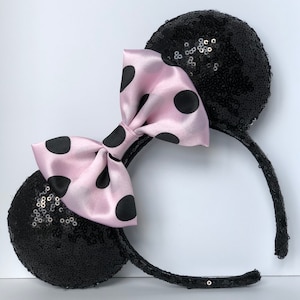 Black Sequin Mouse Ears with Pink and Black Polka Dot Bow. Custom Handmade Sparkle  Mouse Ears Headband. Gifts for Her Under 50.