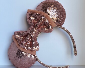 Rose Gold Mouse Ears with Double Layer Rose Gold Sequin and Fabric Bow. Custom Handmade Mouse Ears Headband. Gifts for Her Under 50.