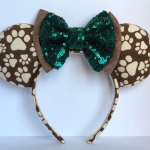 Paw Print Mouse Ears with Double Layer Evergreen Sequin and Brown Bow. Handmade Animal Kingdom Mouse Ears Headband. Gifts for Her Under 50. image 2