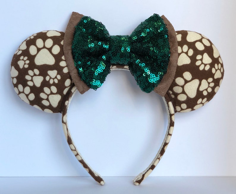 Paw Print Mouse Ears with Double Layer Evergreen Sequin and Brown Bow. Handmade Animal Kingdom Mouse Ears Headband. Gifts for Her Under 50. image 2