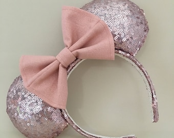 Rose Gold Sequin Mouse Ears. Rose Gold Metallic Bow. Custom Handmade Mouse Ears Headband. Gifts for Her Under 50.