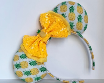 Dole Whip Mouse Ears with Double Layer Yellow Sequin and Satin Bow. Custom Handmade Pineapple Mouse Ears Headband. Gifts for Her Under 50.