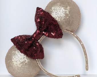 Food and Wine Festival Mouse Ears. Champagne Sequin Mouse Ears with Merlot Sequin Bow. Custom Handmade Mouse Ears Headband. Gifts for Her.