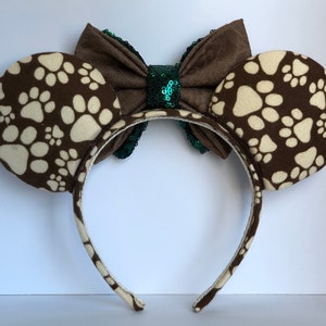 Paw Print Mouse Ears with Double Layer Evergreen Sequin and Brown Bow. Handmade Animal Kingdom Mouse Ears Headband. Gifts for Her Under 50. image 3