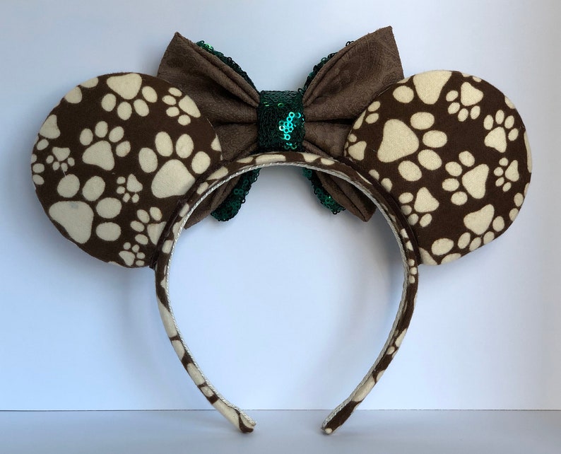 Paw Print Mouse Ears with Double Layer Evergreen Sequin and Brown Bow. Handmade Animal Kingdom Mouse Ears Headband. Gifts for Her Under 50. image 3