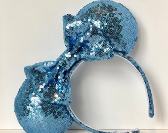 Blue Sequin Mouse Ears with Blue Sequin Puffy or Regular Bow.  Custom Handmade Mouse Ears Headband. Gifts for Her Under 50.