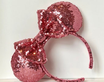 Cherry Blossom Pink Sequin Mouse Ears with Sequin Puffy or Regular Bow.  Custom Handmade Mouse Ears Headband. Gifts for Her Under 50.