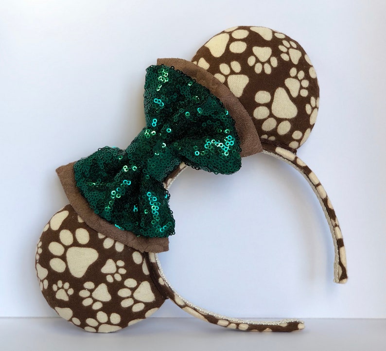 Paw Print Mouse Ears with Double Layer Evergreen Sequin and Brown Bow. Handmade Animal Kingdom Mouse Ears Headband. Gifts for Her Under 50. image 1