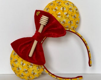 Bumblebee Mouse Ears with Honey Stick. Yellow and Red Winnie the Pooh Mouse Ears. Custom Mouse Ears Headband. Gifts for Her Under 50.
