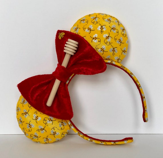 Handmade Yellow Honey Bee Minnie Ears Headband with Red Bow Bumblebee Mouse Ears With Honey Stick. Yellow and Red Winnie  main image 3