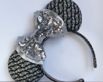 Spaceship Earth Mouse Ears with Double Layer Silver Sequin and Satin Bow. Custom Handmade Epcot Mouse Ears Headband. Gifts for Her Under 50.