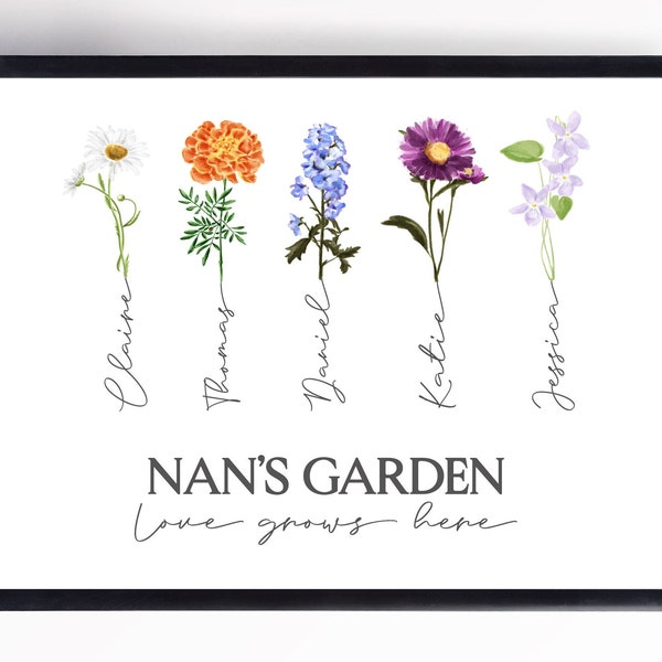 Personalised birth flower with names print - Nans garden print - Custom print gift for Nan - Gift for Grandma - Mother’s Day gift for mum