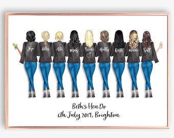 Op de afbeelding: Een groep van negen vrouwen in zwarte jassen en blauwe jeans, met de namen Jojo, Lilly, Abi, Maz, Bride, Holly, Karli, Maudie en Sall op de achterkant van hun jassen. De tekst "Beth's Hen Do 6th July 2019, Brighton" staat onderaan de afbeelding.