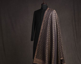 Black Banarasi Gold Maroon & Gray Tehri Paisley Jamawar Brocade Handwoven Silk Wool Shawl