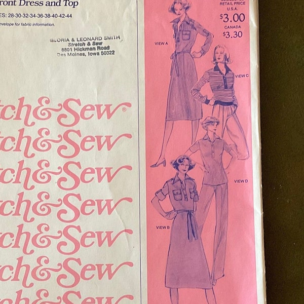 Stretch & Sew 1560 onglet devant Robe et Tops 70s vintage 28 30 32 34 36 38 40 42 44 patrons Ann Person tricots non coupés manches longues et courtes